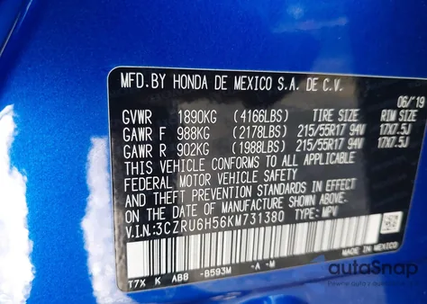 2019 Honda Hr-V Ex z USA, uszkodzony, nr VIN 3CZRU6H56KM731380